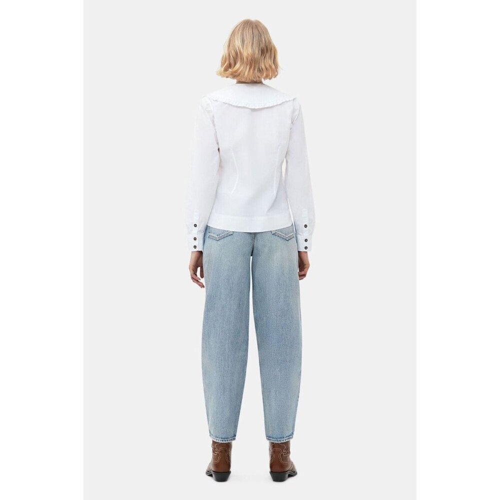 GANNI White Cotton Poplin V-Neck Frill Collar Button Up Shirt Blouse, Size 32/0 - Picture 4 of 16